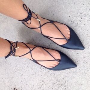 NWOT⎜Aquazzura⎜Christy Leather Lace Up Tie Ballet Point Toe Flats⎜Black